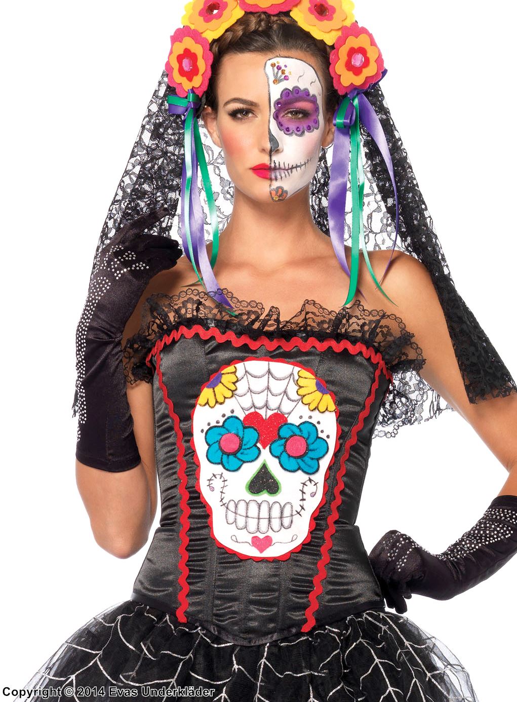 Day of the Dead (woman), costume bustier, lace trim, sugar skull (Calavera)